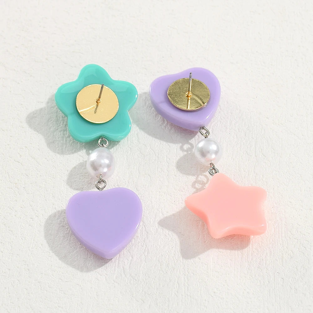 Sweet Acrylic Asymmetrical Heart Star Drop Earrings for Women Girls Cute Romantic Resin Imitation Pearl Earrings Party Jewelry