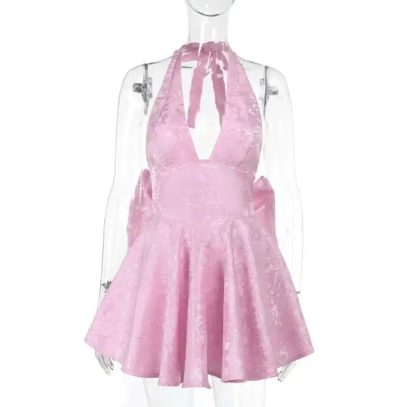 Townlike Jacquard Bow Waist Wrap A-line Dress Women Halter Mini 2025 Spring Summer Dress Nightclub Sexy Party Dresses