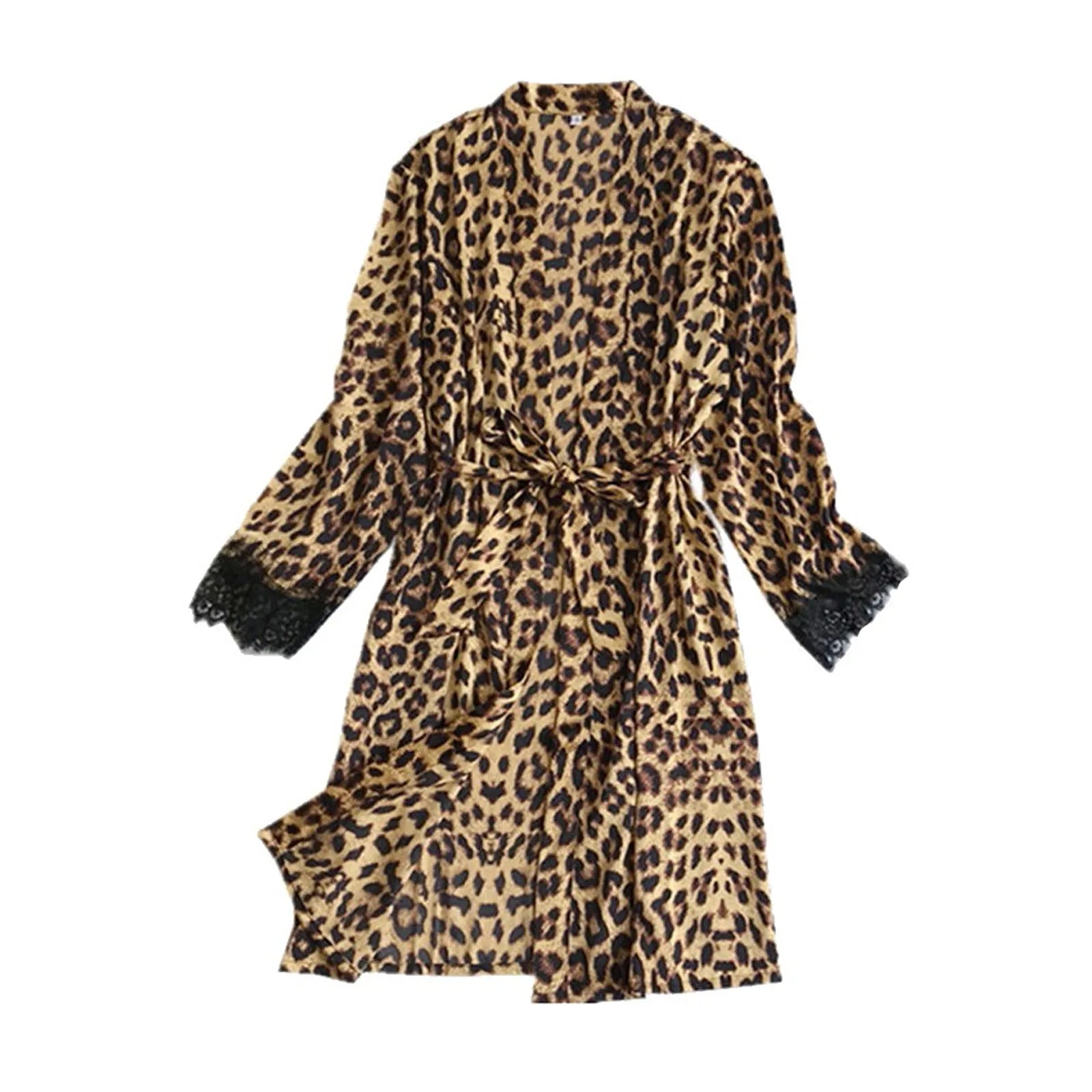 Leopard Print Lace Long Robe Satin Silk Pajamas Women Nightdress Lingerie Robes Underwear Sleepwear Sexy