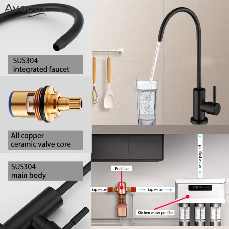 Avapax 1/4"Kitchen Faucet Water Purifier Tap Drinking Water Tap Single Cold Water Sink Faucet Stainless Steel Filter Faucet