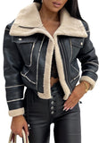 Women PU Faux Fur Leather Jacket Faux Fur Open Front Casual Furry Collar Lapel Short Parka Coat Warm Cardigan with Belt Outwear