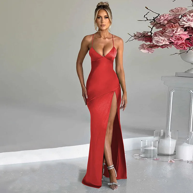 Summer New Fashion Dress Women's Sexy V-Neck Suspender Slit Mid-Length Evening Dress Elegant Party Club Satin Slim Fit