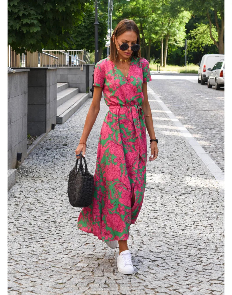 Summer Polka Dot Split Hem Long Dress Women 2023 New Fashion V Neck Print Sundress Vestidos Short Sleeved Waisted Lace-up Dress