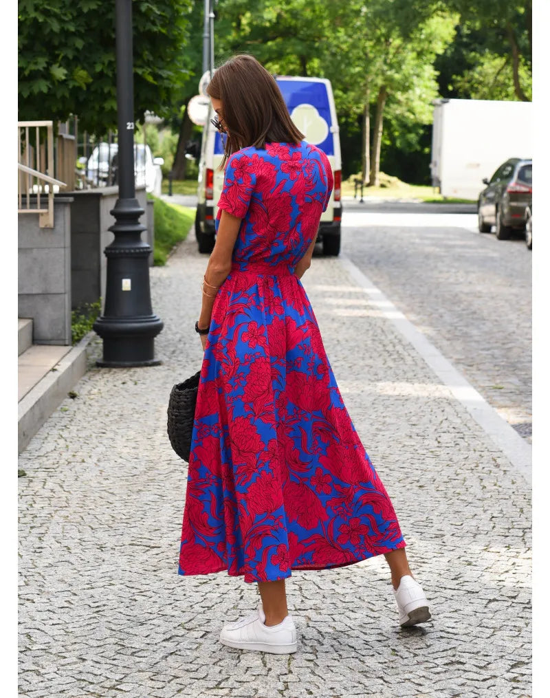 Summer Polka Dot Split Hem Long Dress Women 2023 New Fashion V Neck Print Sundress Vestidos Short Sleeved Waisted Lace-up Dress