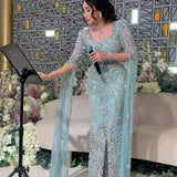 Sharon Said Luxury Arabic Turquoise Evening Dresses with Cape Sleeves Elegant Sqaure Neck Dubai Women Wedding Party Gowns SS469