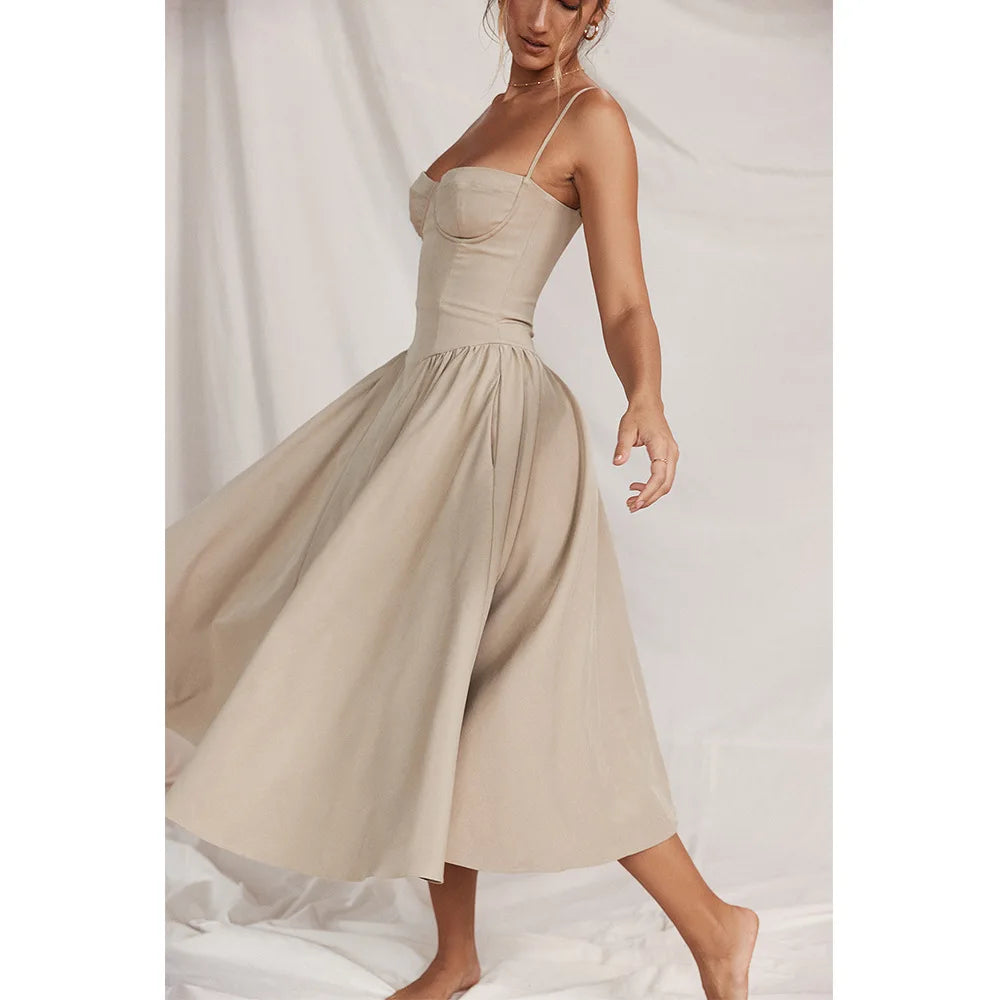 Summer Women Elegant Sleeveless Backless Pleated Dresses Lady Sexy Solid Sling Midi Dress 2024 Female Party Evening A-line Robes