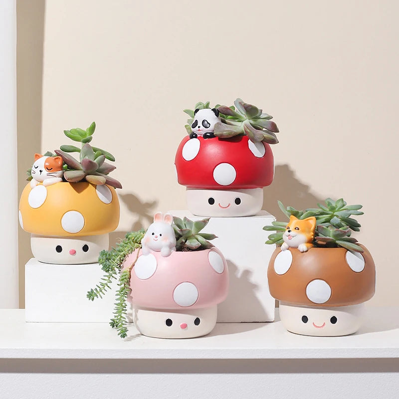 Creative Mushroom Succulents Plant Pot, Cute Animal Flower Pots, Decorative Planter Containers Home Desktop Office Decor