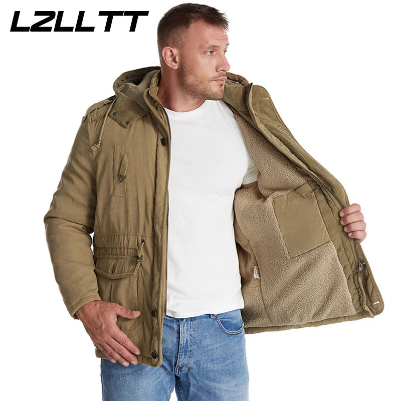 LZLLTT Men Winter Warm Parkas Mens Fleece Detachable Hat Jacket Parkas Men Casual Cotton Outdoor Fur Trench Padded Jackets Coats