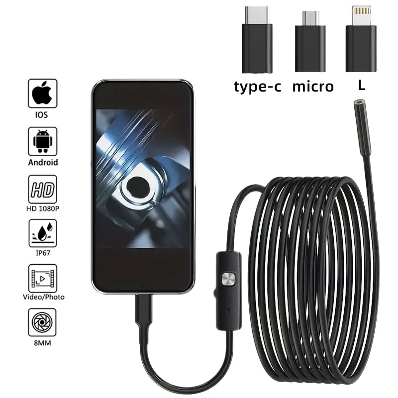 Endoscope Inspection  Camera Type-C Mini Inspection Camera IP67  HD1080P Car Sewer Pipeline Borescope for Android IOS iphone