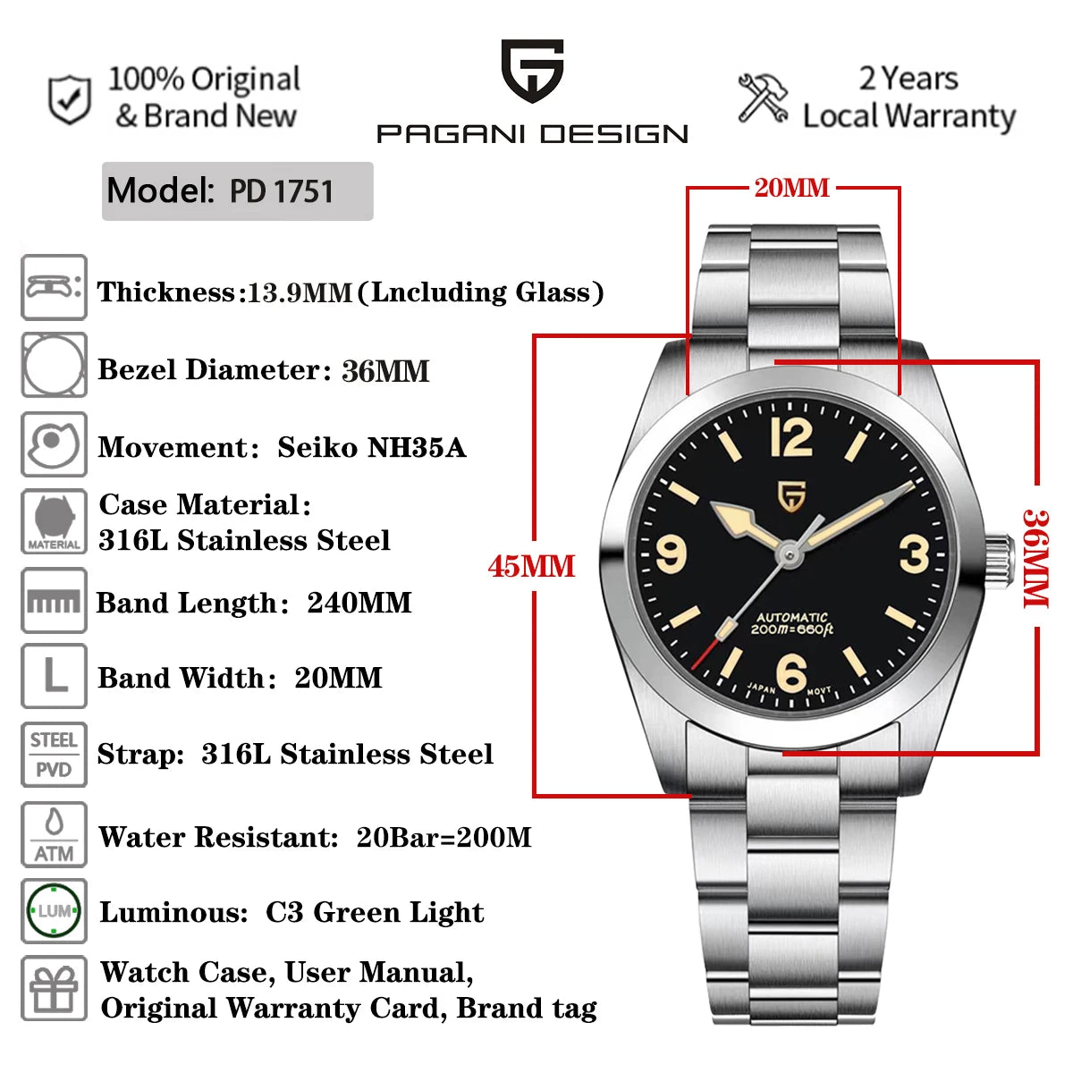 2024 New 36MM PAGANI DESIGN Men Automatic Mechanical Watches NH35 Sapphire Stainless Steel AR Coating 20Bar Clock Watch for Men