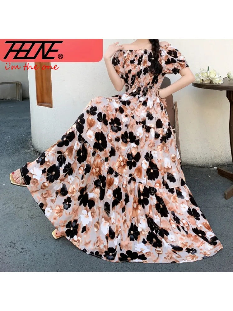 THHONE Summer Dress Women Cotton Linen Floral Vintage Oversized Korean Vestido Feminino Print Robe Off-Shoulder Casual Dresses