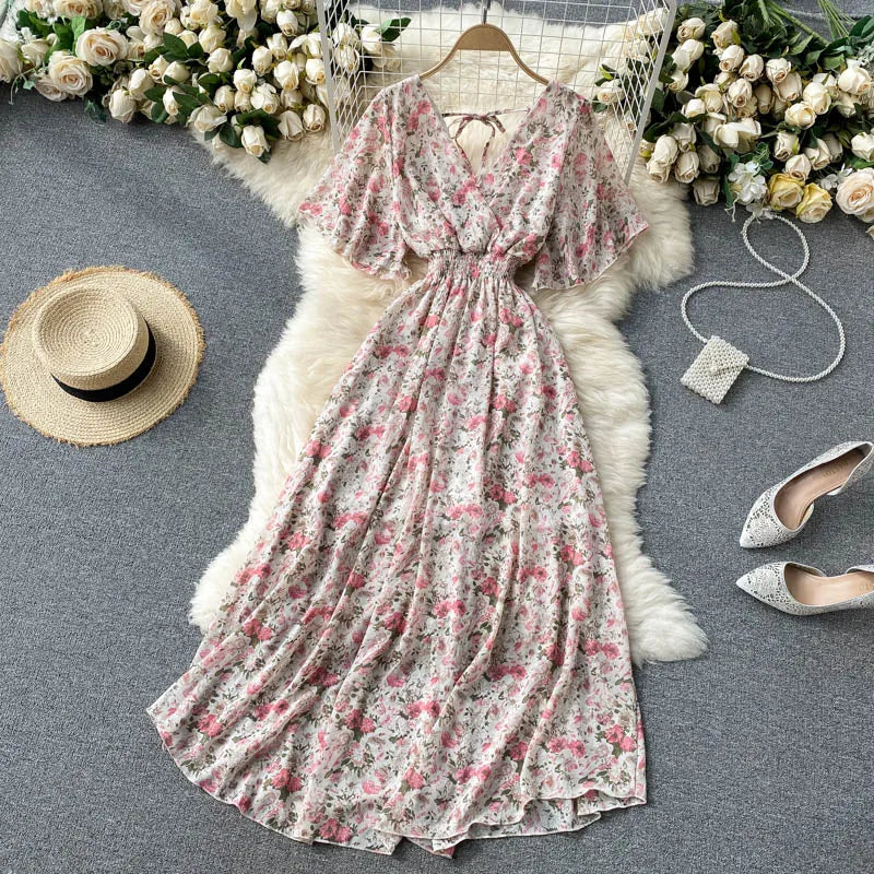 Retro Floral Print Ruffle Chiffon Elegant Midi Dress A-line V Neck Beach Vacation Dress Women Korean Fashion Summer Vestidos