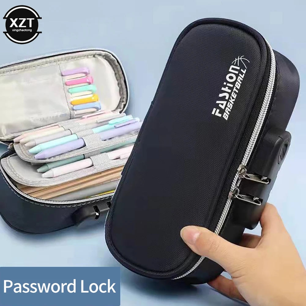 Portable Password Lock Pencil Case Boy Canvas Pencil Bag Large Capacity Pencil Cases Bag Kids Pen Case Gifts Student Stationery