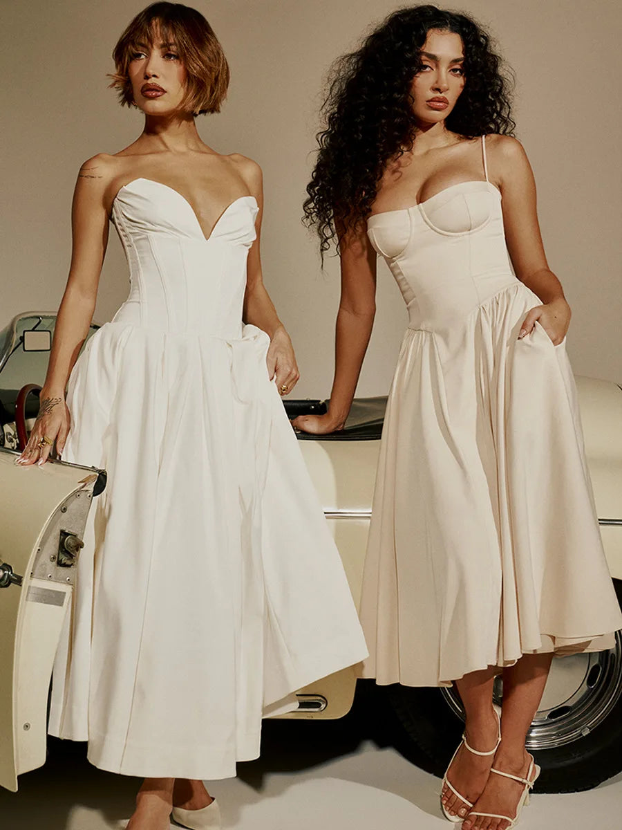 Summer Women Elegant Sleeveless Backless Pleated Dresses Lady Sexy Solid Sling Midi Dress 2024 Female Party Evening A-line Robes