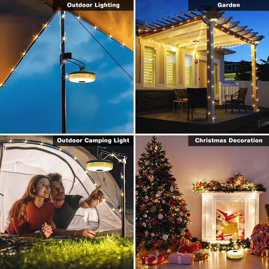 Rechargeable Portable Lantern Camping Light 10m LED String Lights Outdoor Tent Light with Hook XTE LED Flashlight Holiday Decor