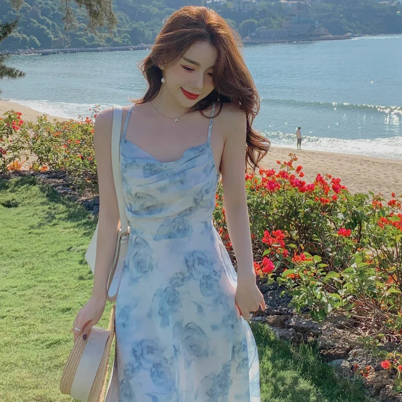Sexy Backless Floral Stretch Suspender Dress Women's 2022 Waist Thin Section Sun Chiffon Elegant Women's Long Dresses for Party