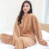 Autumn Women Solid Warm 2 Piece Sets Thicken Velvet Ribbed Fleece Set Pullover And Pants Women Casual Pajama Sets 2024