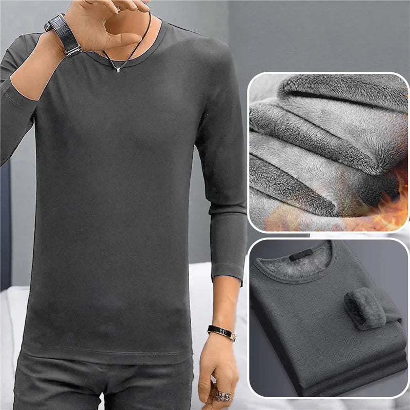 Thickened Fleece-lined Warm Men's T-shirt Base Layer Outer Wear Solid Color Top For Winter Slim Fit Plus Velvet Padded Pullover