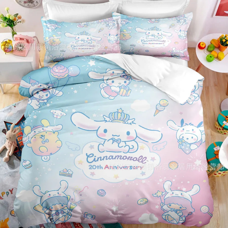 طقم غطاء لحاف من Sanrio Cartoon، طقم غطاء لحاف كاواي سينامورول، طقم غطاء وسادة، طقم سرير مريح للأطفال والبنات، مقاس كينج كامل، توأم