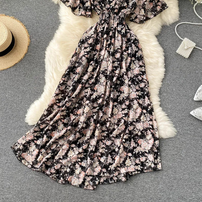 Retro Floral Print Ruffle Chiffon Elegant Midi Dress A-line V Neck Beach Vacation Dress Women Korean Fashion Summer Vestidos