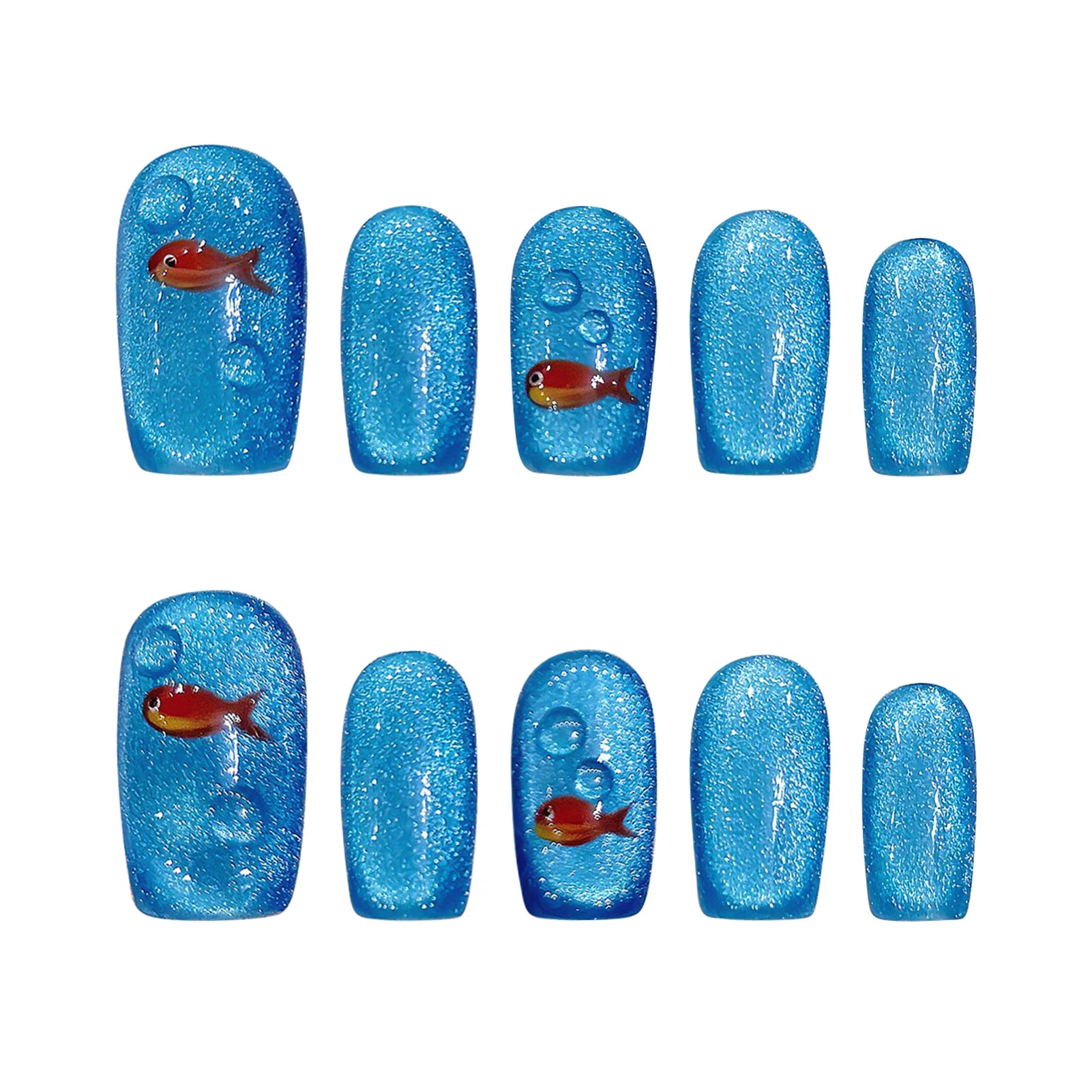 10Pcs Cat's Eye Press On Nail Handmade Shiny Blue Short Square False Nails With Red Fish Designs Summer Nail Tips For Holiday