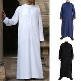 Men's Muslim Robe Islamic Ramadan Juba Kaftan Dishdash Arabian Robe Solid Color Long Sleeve Collar Loose T-shirt Dress Tunic