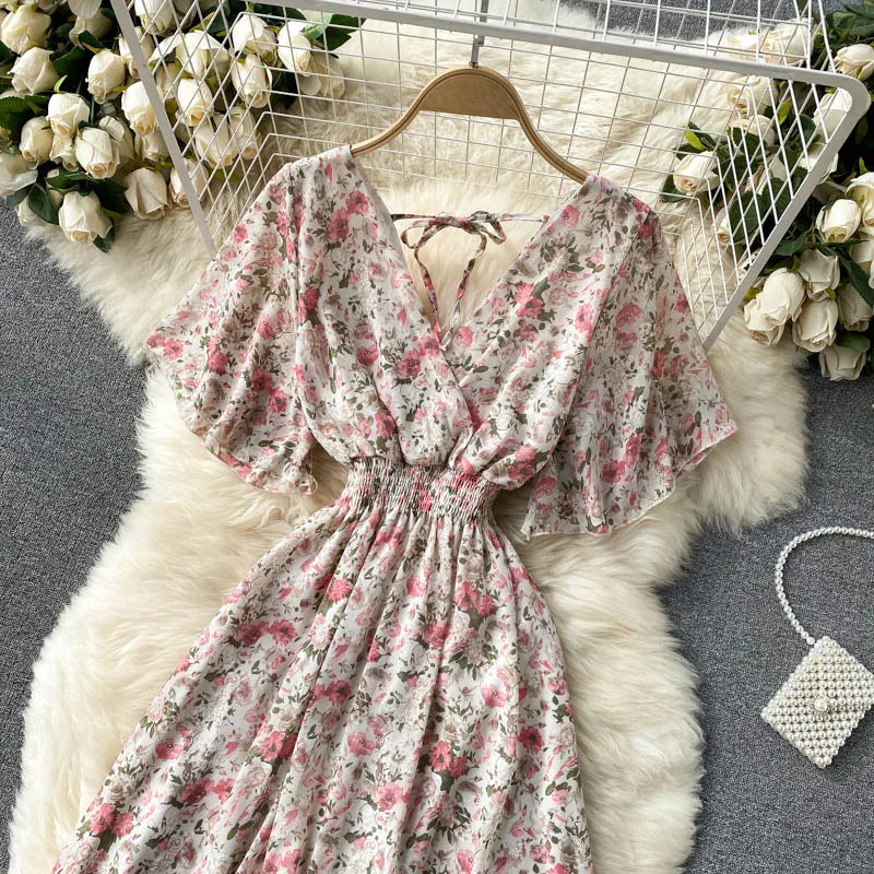 Retro Floral Print Ruffle Chiffon Elegant Midi Dress A-line V Neck Beach Vacation Dress Women Korean Fashion Summer Vestidos