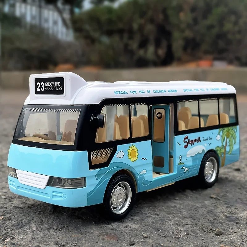 City Bus Toy Car，Die-Casting Metal Airport Car，Pull Back Blue Game Car，With Sound and Light，Christmas Gift for Kids Girls