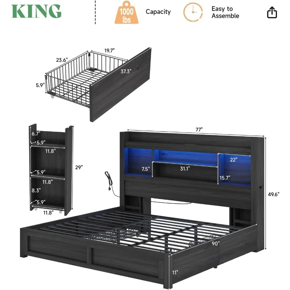 King Size Bed Frame with 4 Storage Drawers, LED Bed Frame with 49.6" Tall Bookcase Headboard, Wood Platform Bed with Charging