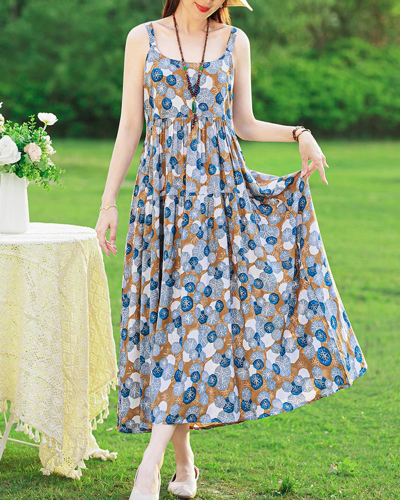 New Fashion Casual 2025 Summer Elegant Dresses For Women O-Neck Print Vintage Sleeveless Dress Loose Women Clothing