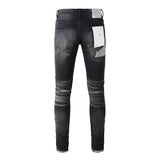 American Men's Streetwear Distressed Black Skinny Bandanna Patchwork Holes Button Fly Ripped Jeans Pants