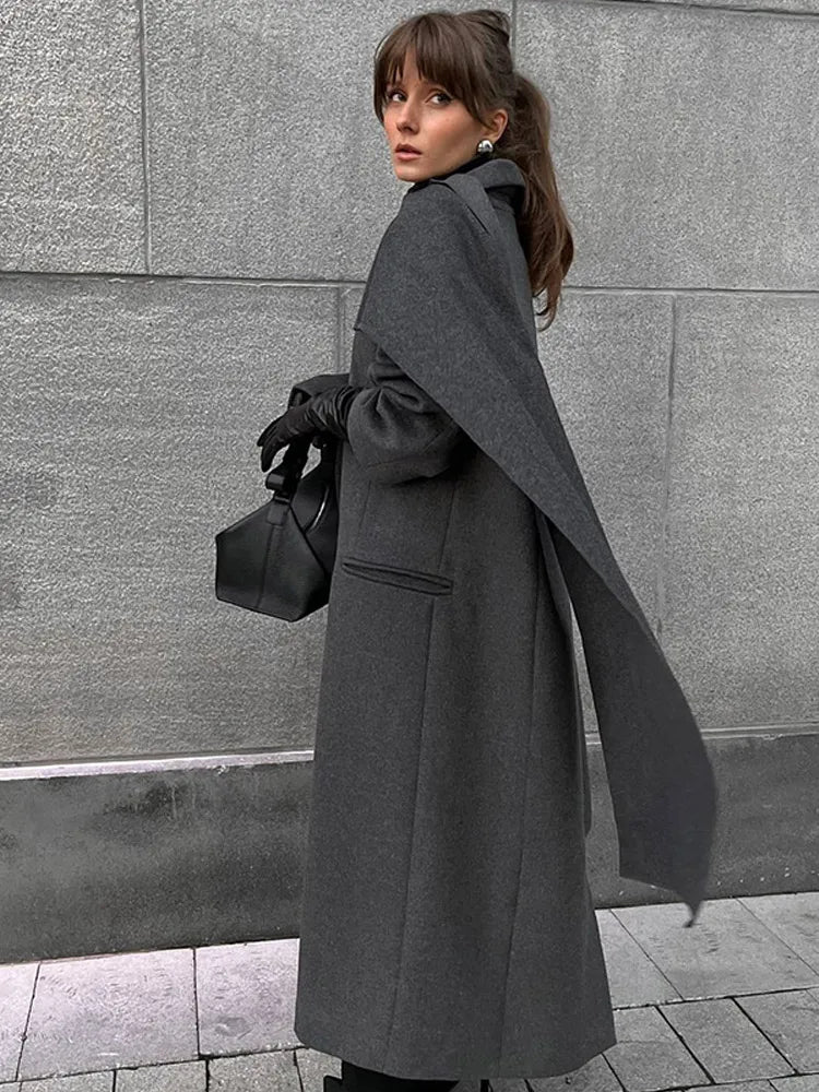 2024 Solid Color Chic Scarf Collar Woolen Overcoat Women's Elegant Pockets Single Breasted Jackets New Female Oversized Outwear