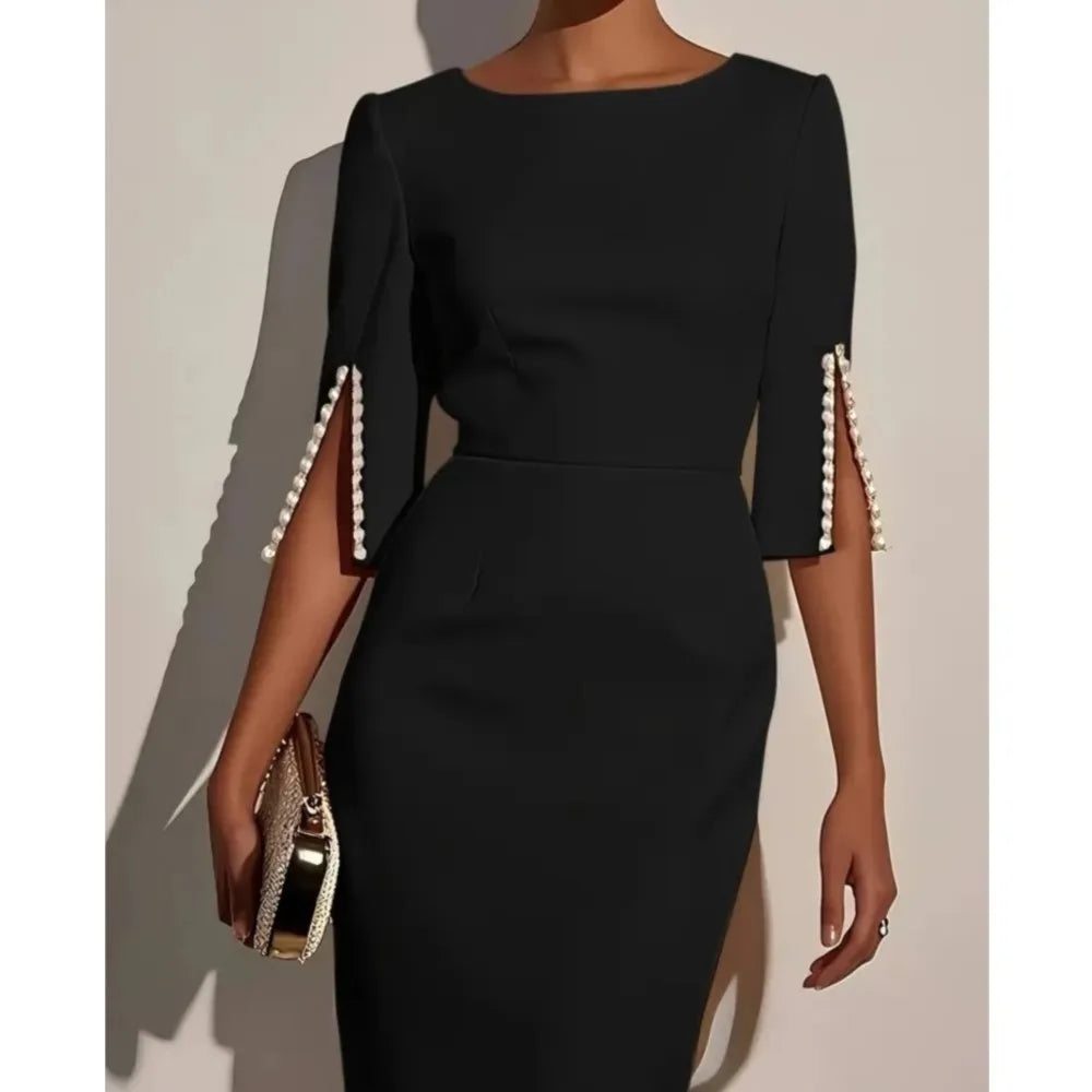 Elegant Round Neck Half Sleeved Beaded Mid Length Dress New Spring Summer Solid Color Commuting Slim Fit Dress Women's Wear