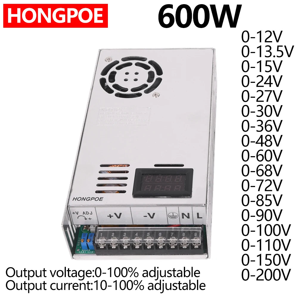 Digital display adjustable 500W 600W 1000W power supply 0-12V 15V 24V 27V 30V 36V 48V 60V 72V 90V 110V 150V 200V AC to DC SMPS