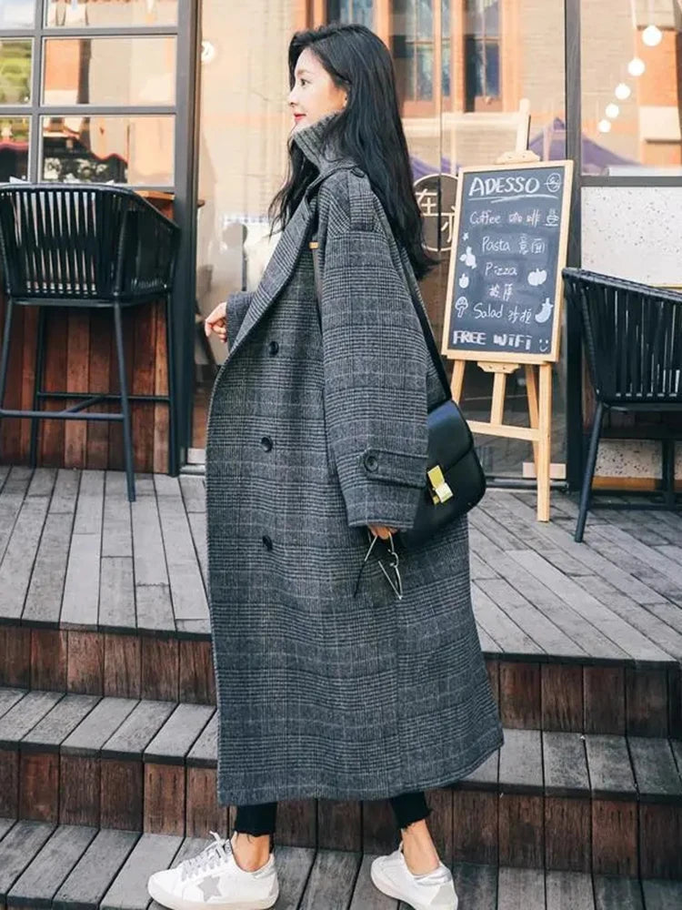 Black Plaid Thick Warm Elegant Wool Blend Solid Chaquetas Woolen Temperament Fall Winter Overcoat Coats High-grade Jaquetas New