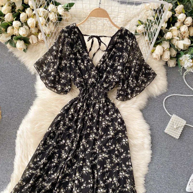 Retro Floral Print Ruffle Chiffon Elegant Midi Dress A-line V Neck Beach Vacation Dress Women Korean Fashion Summer Vestidos