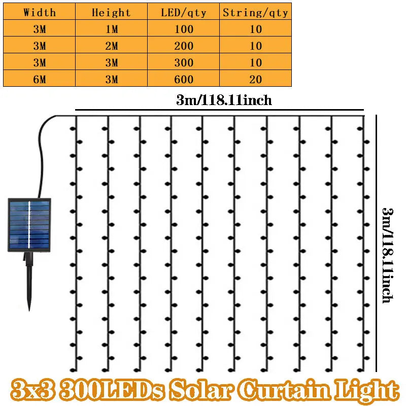 100 LED Outdoor Solar Curtain Lights Waterproof Copper Wire Silver Lights 8 Modes Fairy Light For Home Christmas Party Decor