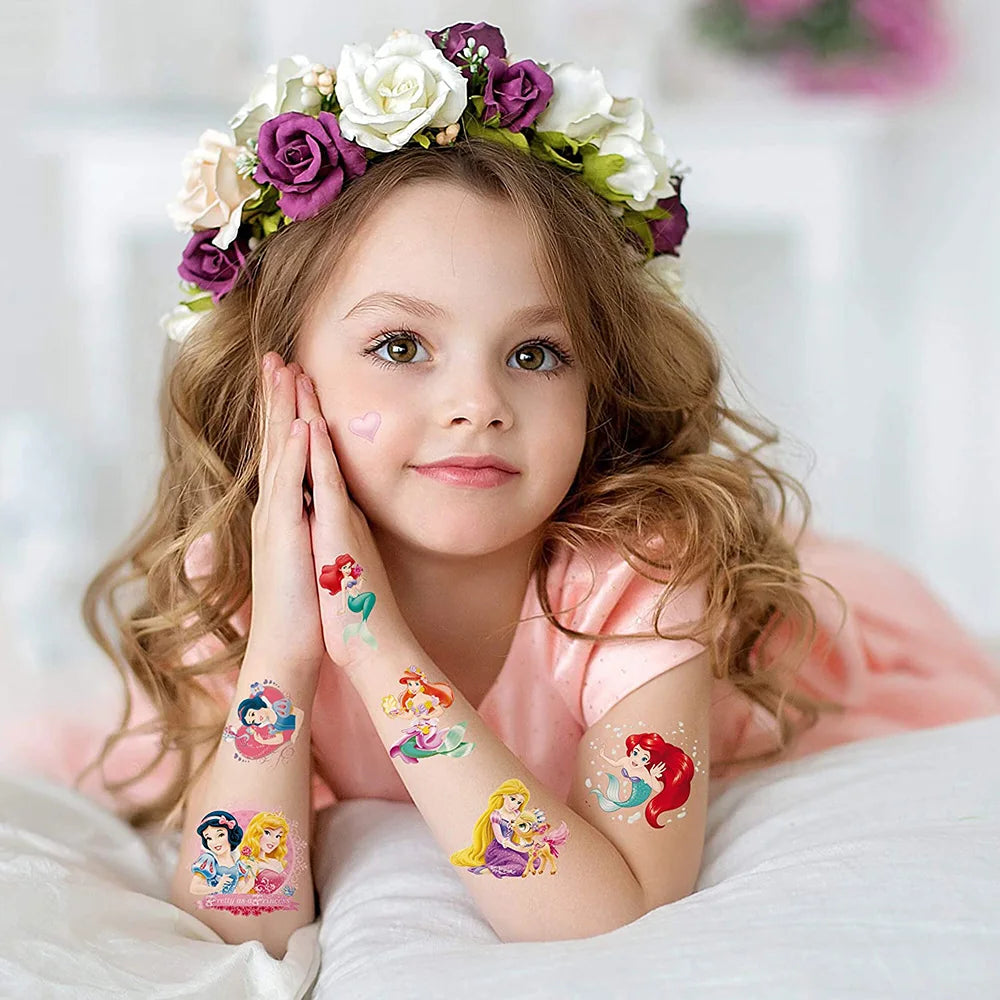 Disney Princess Tattoo Stickers Mermaid Snow White Aurora Princess Cartoon Stickers for Girls Birthday Party Baby Shower Supply