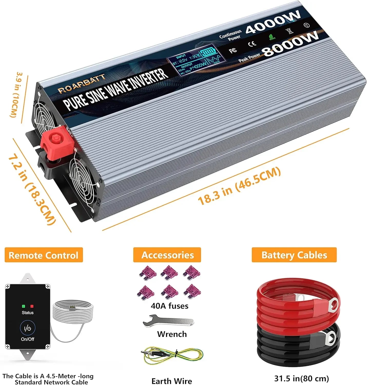 Solar Inverters 4000W Pure Sine Wave Power Inverter 12V DC to AC 110V 120V Peak Power 8000W with Remote Control 4 AC Outlets