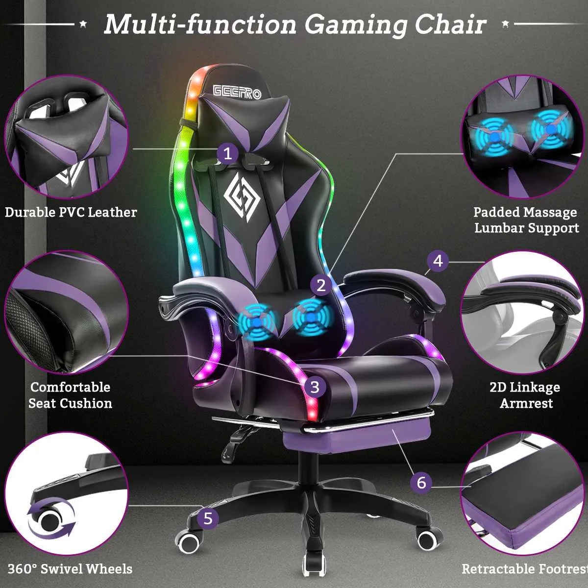 Gaming Chair Footrest Massage Swivel Ergonomic Racing Computer Office Chair With LED bluetooth Speaker Height Adjustable