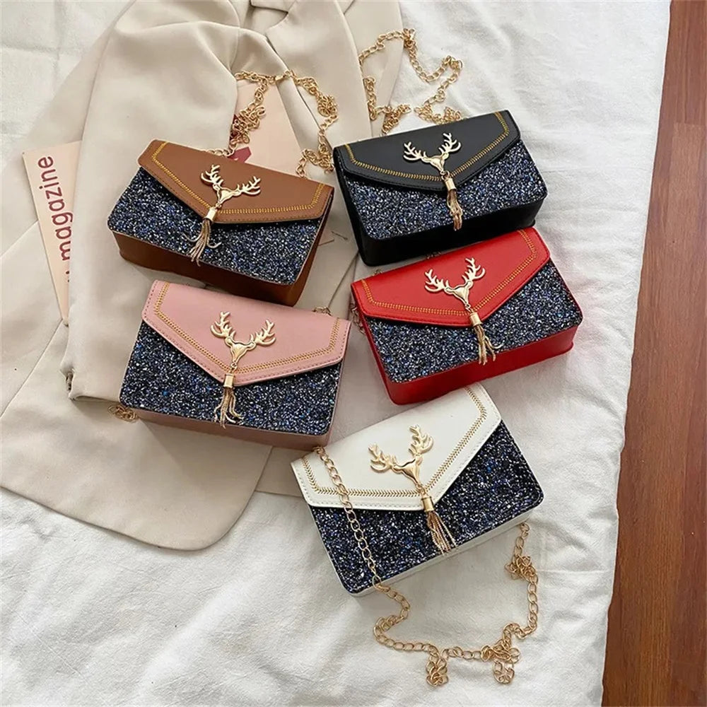 Women Fashion Shoulder Bag Deer Head Pendant Decoration Crossbody Bag Leather Button Underarm Luxury Chain Lady Small Square Bag