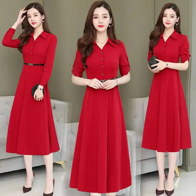 Medium-Length Polo Collar Dress Women's Spring New Style Korean Fit Waist-Gathered Elegant Wide Lady Plus Size Long Sleeve Simpl