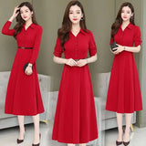 Medium-Length Polo Collar Dress Women's Spring New Style Korean Fit Waist-Gathered Elegant Wide Lady Plus Size Long Sleeve Simpl