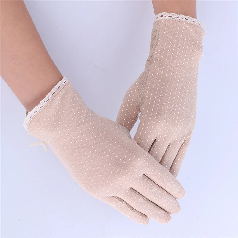 sun protection gloves cotton summer gloves for women Dot bow women's thin female drive gloves suncreen Slip-resistant