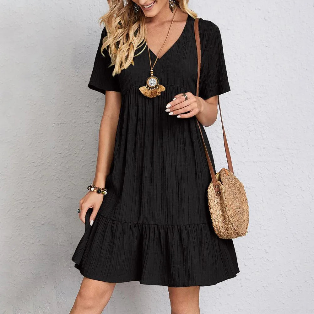 Women V Neck Short Sleeve Pleated Loose Dress Summer Fashion Solid Baggy Solid Party Dresses FYY-894