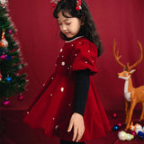 Children Clothing Girls Red Velvet Dress Christmas Party Flower Pearl Short Sleeve Dresses Kids Princess Gown Vestido for Baby