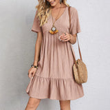 Women V Neck Short Sleeve Pleated Loose Dress Summer Fashion Solid Baggy Solid Party Dresses FYY-894