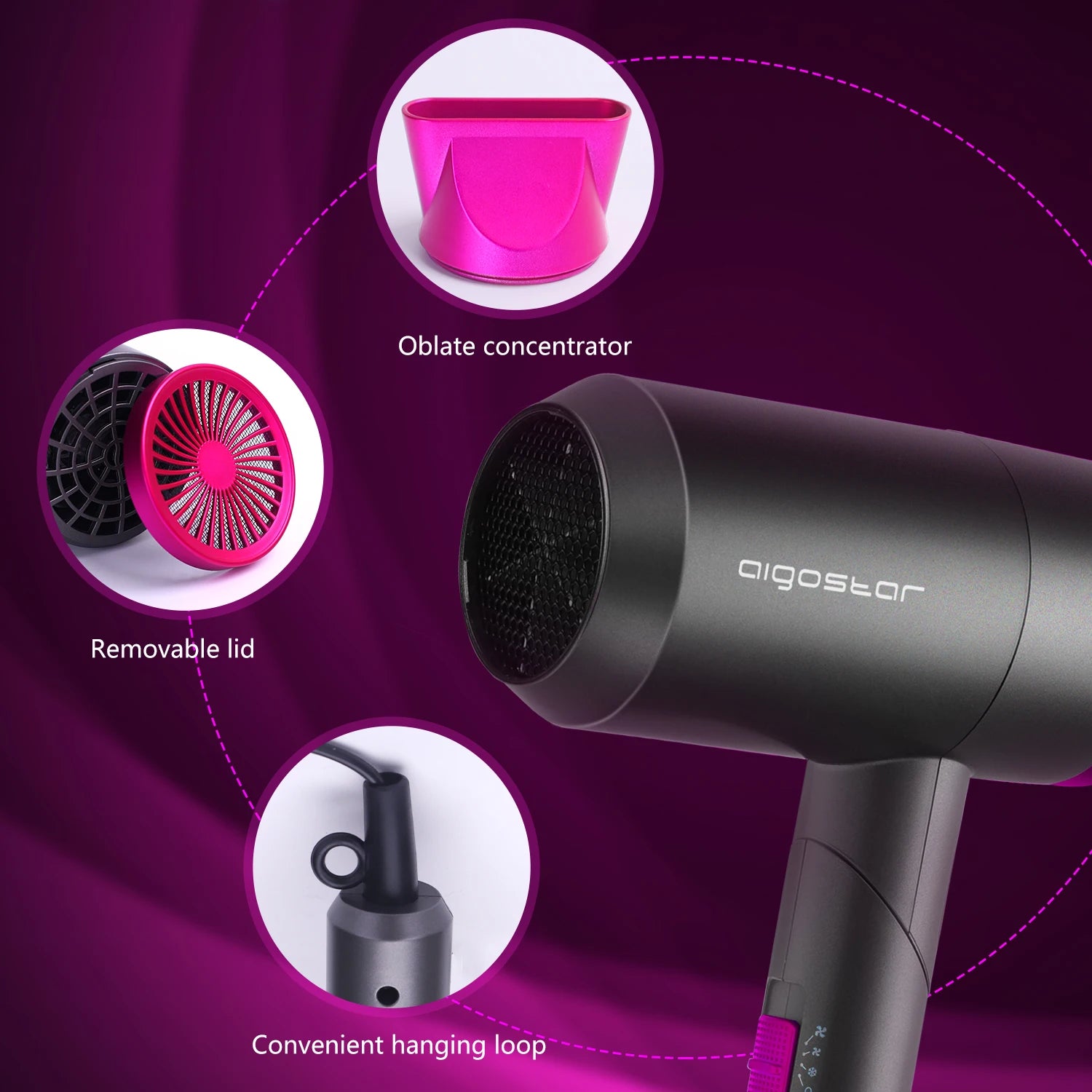 Hair dryer, takes up little space: foldable handle, 2 speeds, 3 temperatures, including heat concentrator nozzle, perfect for travel, gray and pink, 1800W