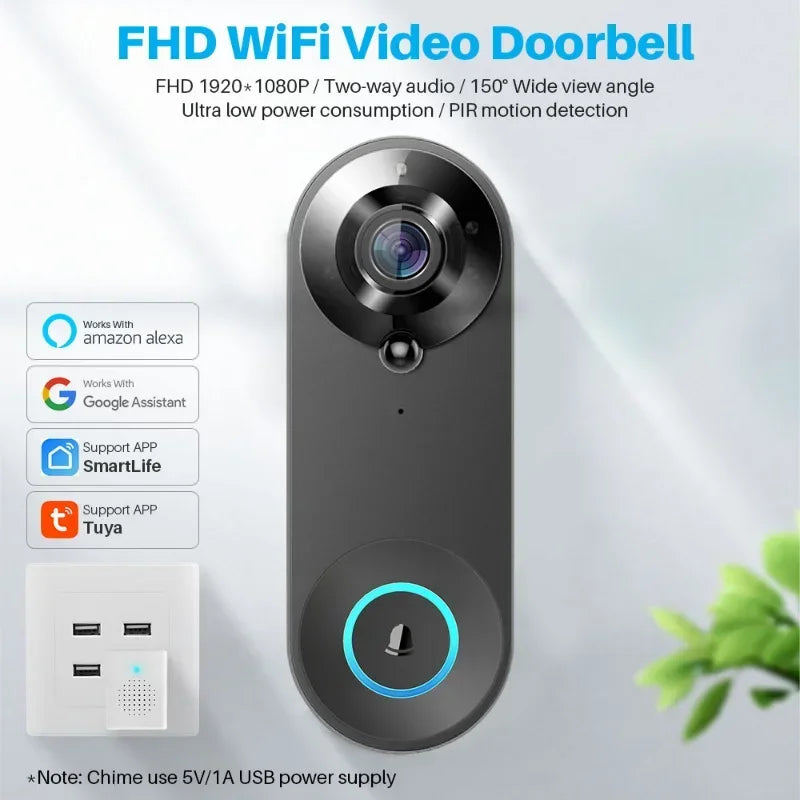 Smart Video Doorbell Camera 1080P WiFi Video Intercom Door Bell Camera Two-Way Audio Works With Alexa Echo Show Google Home