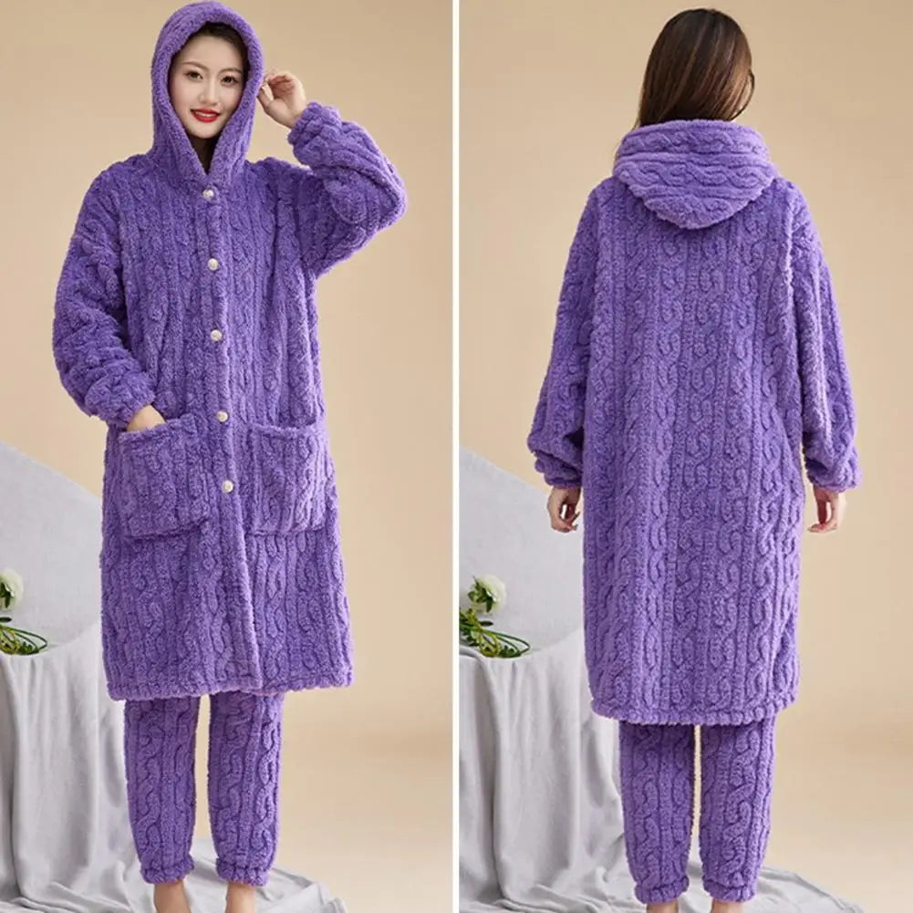 2 Pcs/Set Winter Women Bathrobe Pants Set Thick Hooded Coral Velvet Sleepwear Loose Single-breasted Robe Trousers With Pockets